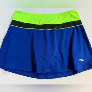 Fila Blue Athletic Skort Neon Green Waistband back zipper pocket Run Tennis
